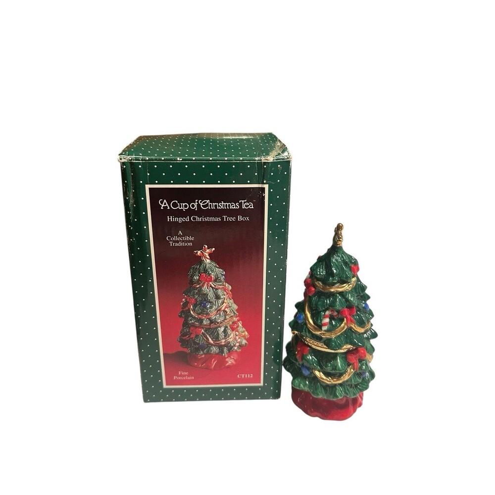 Vtg A Cup Of Christmas Tea Mini Christmas Tree Trinket Hinged Holiday Decor Box